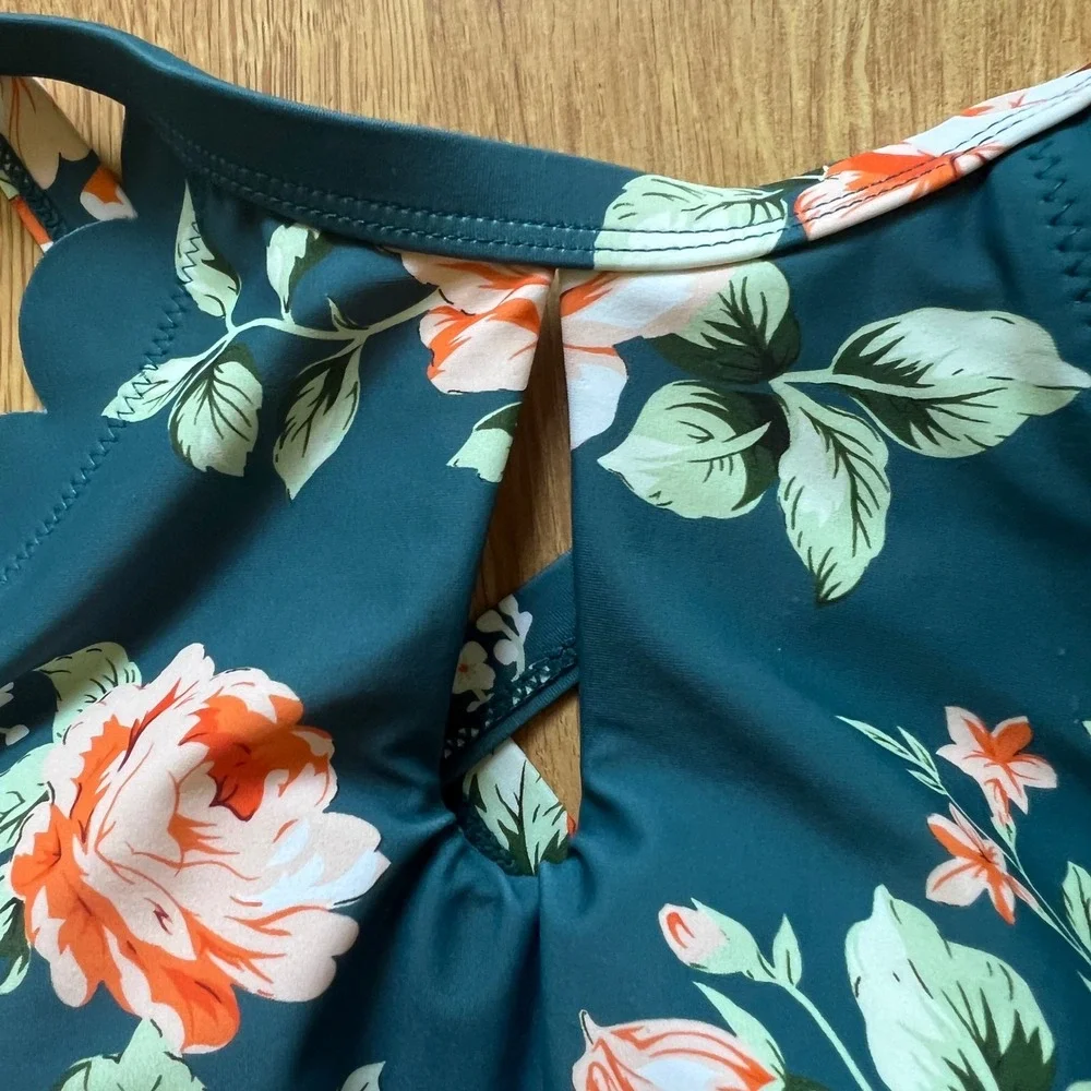 Teal Floral Scalloped High Neck One Piece Swimsuit with Keyhole Cutout Boho